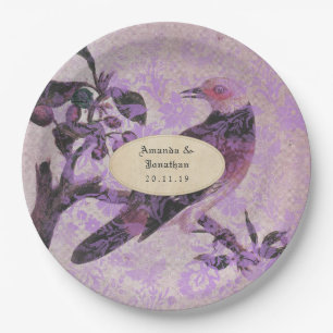Assiettes En Carton Lavender Damask Bird Mariage