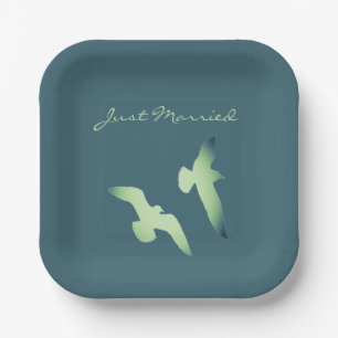 Assiettes En Carton LavishlyOn Élégant Script Juste Marié Seagulles