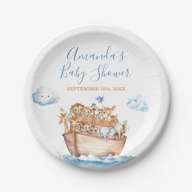 Assiettes En Carton Le Baby shower d'arche du mignon garçon Noah (Devant)
