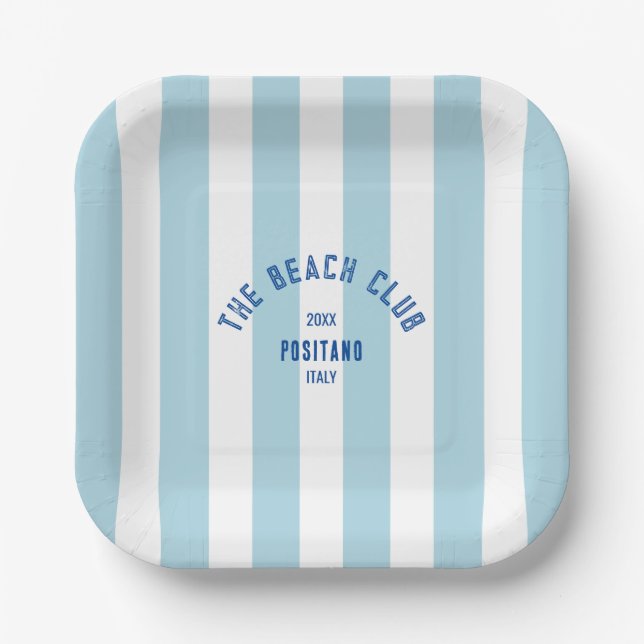 Assiettes En Carton Le Beach Club Crest Blue Cabana Stripe (Recto)