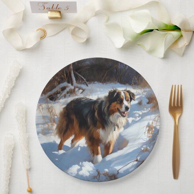 Assiettes En Carton Le Berger Australien Laisser Neige Noël (Mariage)