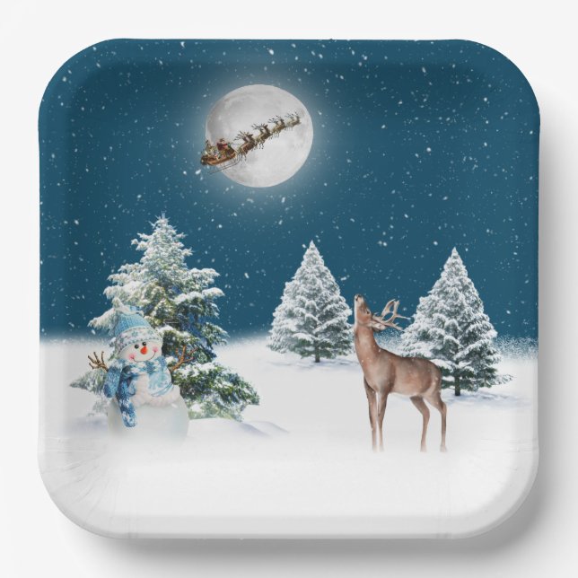 Assiettes En Carton Le cerf de Noël et le Père Noël (Recto)