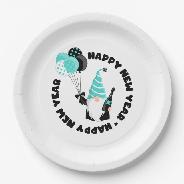 Assiettes En Carton Le Gnome turquoise et noir fête le Nouvel An (Devant)