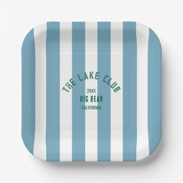 Assiettes En Carton Le Lake Club Custom Crest Blue Nautical Stripe (Recto)