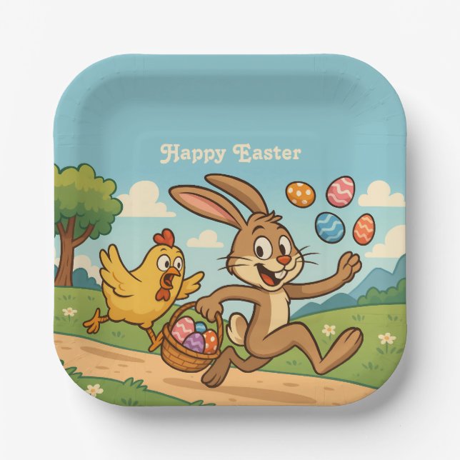 Assiettes En Carton Le lapin vole les oeufs du poulet L'art de Pâques  (Recto)