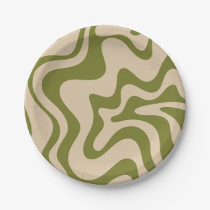 Assiettes En Carton Le Motif de vibe liquide rétro dans le vert olive