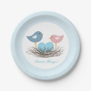 Assiettes En Carton Le nid d'oiseaux jumeaux Baby shower