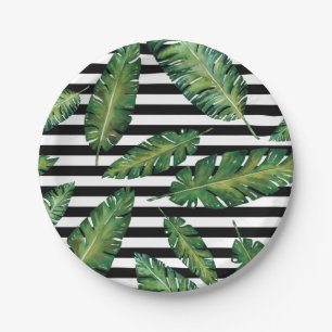 Assiettes En Carton Le noir barre le motif tropical d'été de feuille