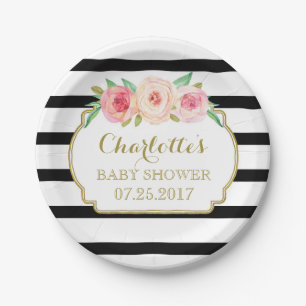 Assiettes En Carton Le noir barre le plat floral rose de baby shower