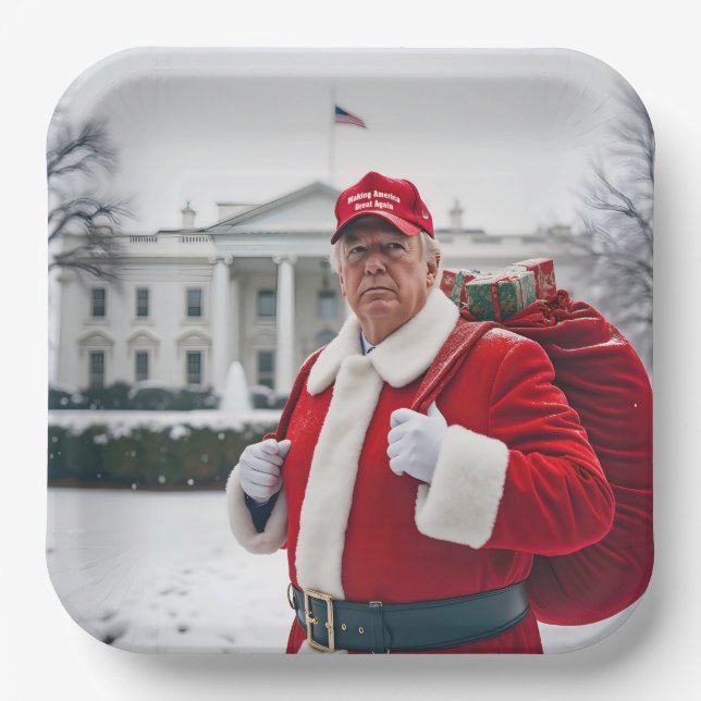 Assiettes En Carton Le Père Noël Trump avec sac rouge (Recto)