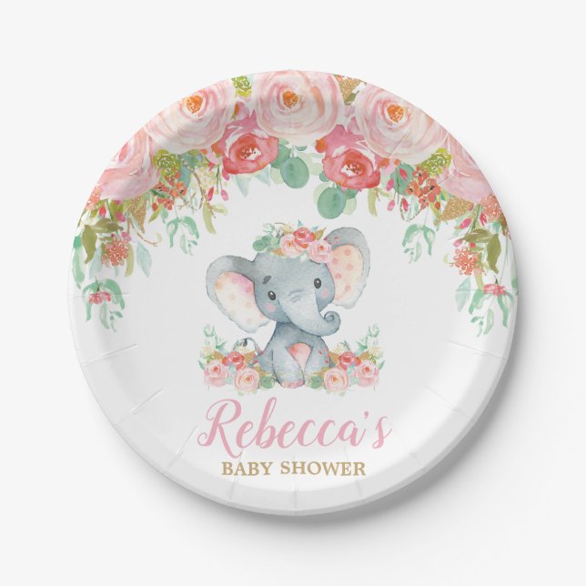 Assiettes En Carton Le rose de baby shower d'éléphant rougissent le (Devant)