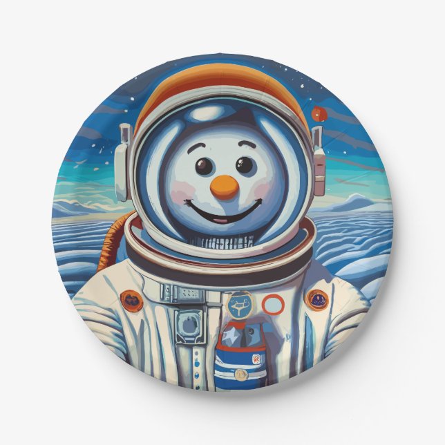 Assiettes En Carton Le Snowman est un astronaute à Noël (Devant)