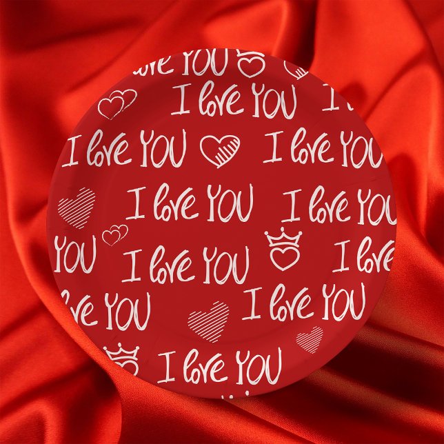 Assiettes En Carton Le thème de Valentine Rouge Blanc Je t'aime Motif (Créateur téléchargé)