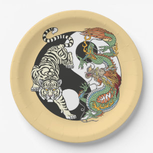 Assiettes En Carton Le tigre blanc contre le dragon vert au yin yang p