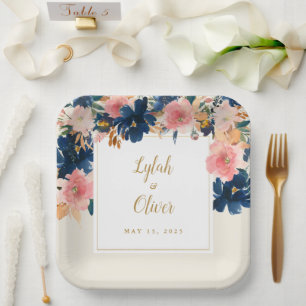 Assiettes En Carton L'élégance sauvage Navy Blush & Gold Mariage