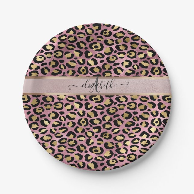 Assiettes En Carton Léopard Motif Monogram Rose Gold Black (Devant)
