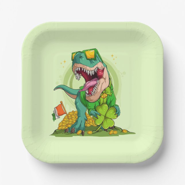 Assiettes En Carton Leprechaun T-Rex St. Patrick's Day (Recto)