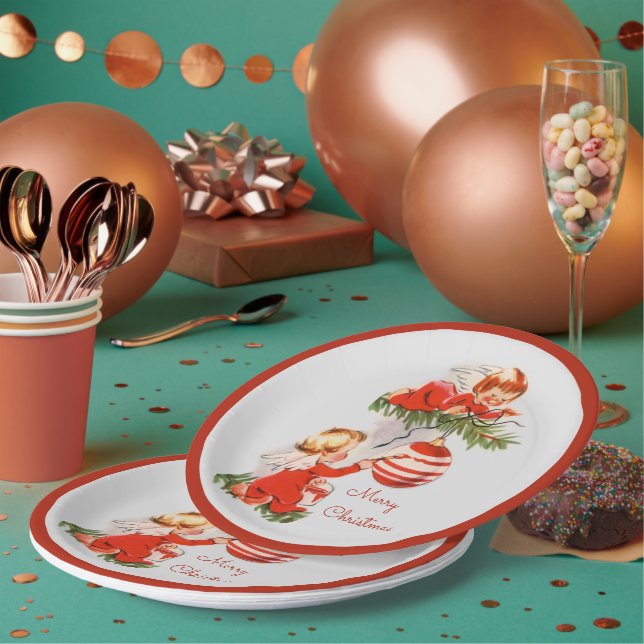 Assiettes En Carton Les anges décorant l'arbre de Noël (Multi)