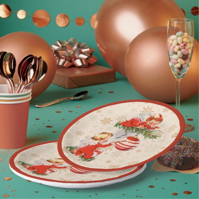 Assiettes En Carton Les anges décorant l'arbre de Noël (Multi)