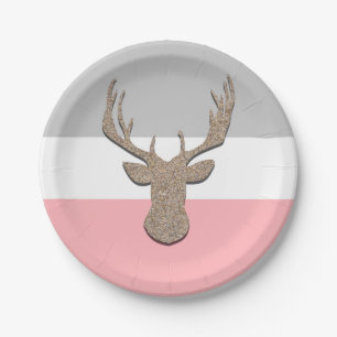 Assiettes En Carton Les cerfs communs silhouettent, mâle sur bleu et