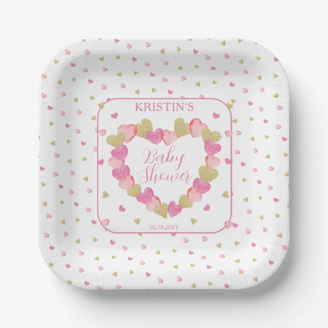 Assiettes En Carton Les Coeurs Roses Serrent Un Petit Baby shower Amou (Recto)