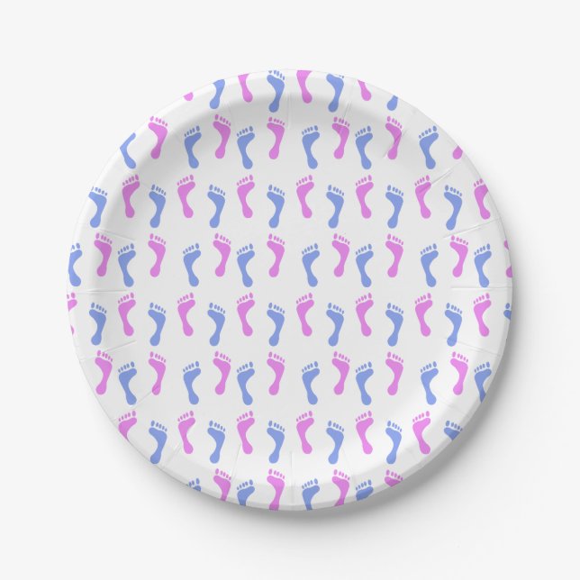 Assiettes En Carton Les empreintes de pas dans rose et le bleu | (Devant)