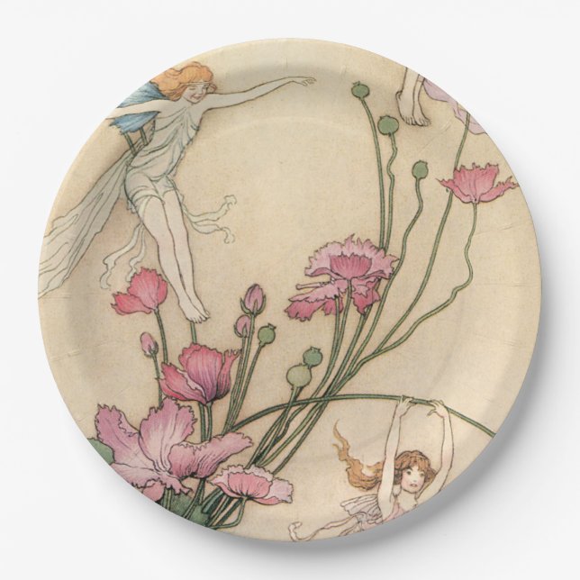 Assiettes En Carton Les fées sautant sur des fleurs (Devant)