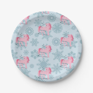 Assiettes En Carton Les flocons de neige de la petite fille rose de l'