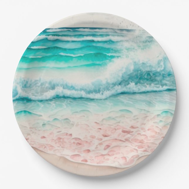 Assiettes En Carton Les vagues de plage roses (Devant)