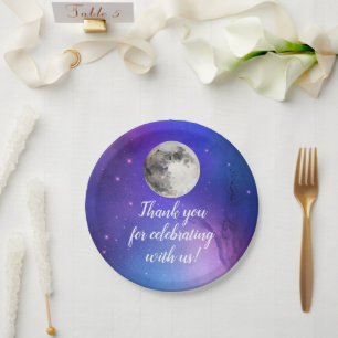 Assiettes En Carton L'Espace Extérieur Violet Étoiles Sur La Lune Céle