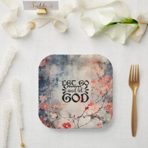 Assiettes En Carton Let Go and Let God Coral Blue Floral Art Christian