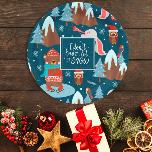 Assiettes En Carton Let it Snow Cute Animal with Name Blue Christmas