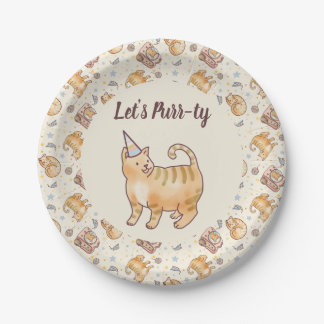 Assiettes En Carton Let's Purr-ty, Fat Orange Watercolor Cat Birthday