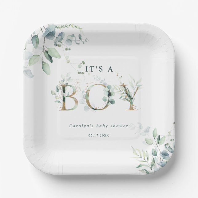 Assiettes En Carton LETTRE BOtanique D'OR Eucalyptus Baby shower (Recto)