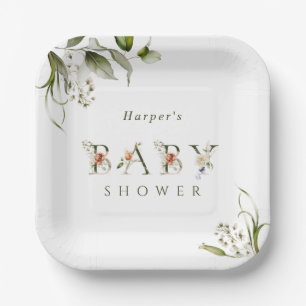 Assiettes En Carton LETTRE BOtanique VERTE Olive Baby shower