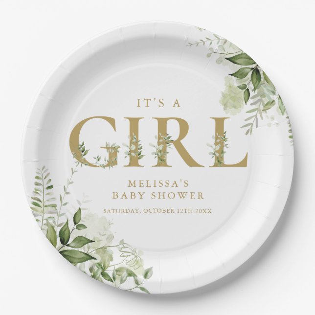 Assiettes En Carton Lettre d'or A Girl Greenery Baby shower (Devant)