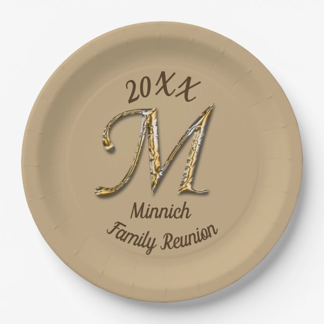 Assiettes En Carton LETTRE D'OR EN ARGENT M MONogramme (Devant)