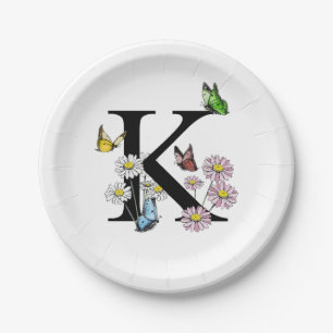 Assiettes En Carton Lettre K Floral Aquarelle Papillon Monogramme