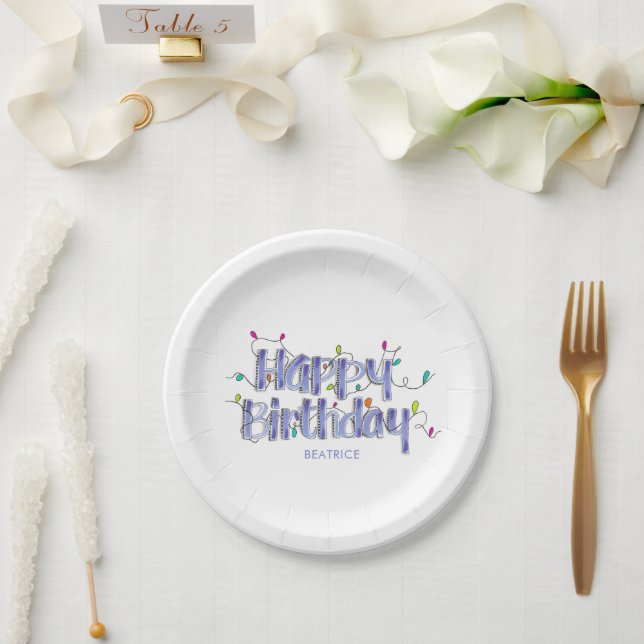 Assiettes En Carton Lettré main Dusty Bleu Joyeux anniversaire (Mariage)