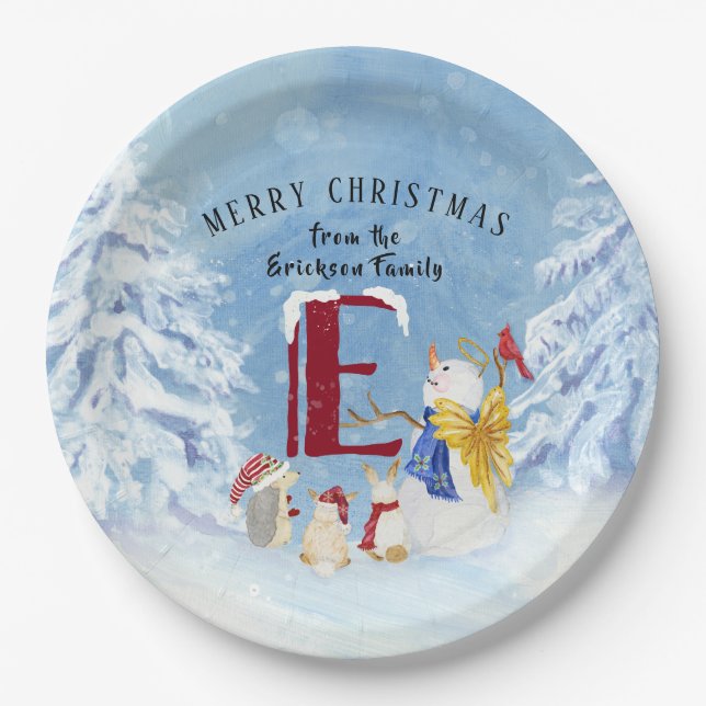 Assiettes En Carton Lettre monogramme E Noël Snowman Angel Woodland (Devant)