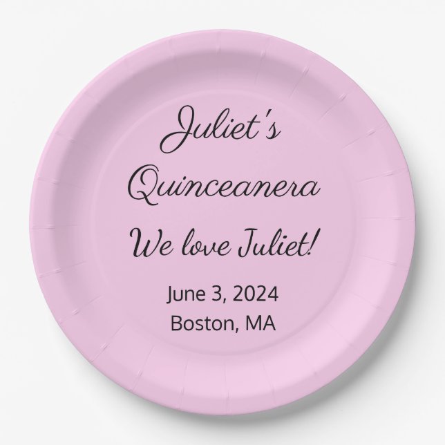 Assiettes En Carton Lettres d'amour : Quinceanera rose et noir (Devant)