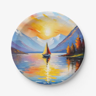 Assiettes En Carton Lever de soleil sur un lac et des montagnes enneig