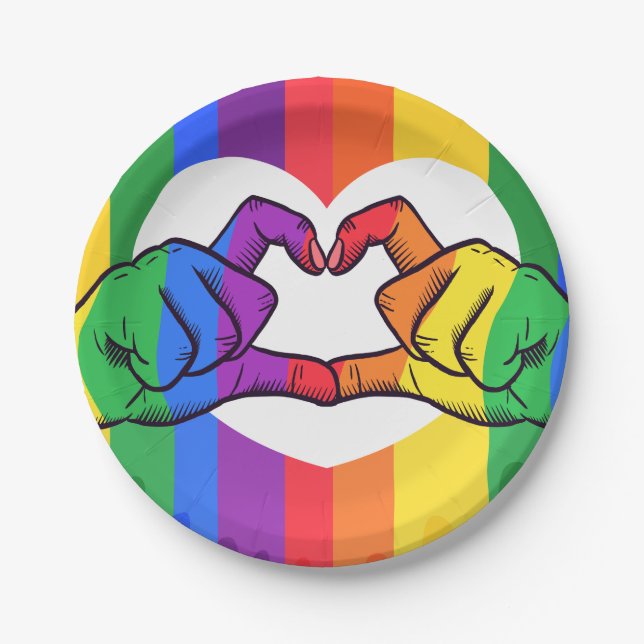 Assiettes En Carton LGBTQ - Fierté arc-en-ciel Mains de coeur (Devant)