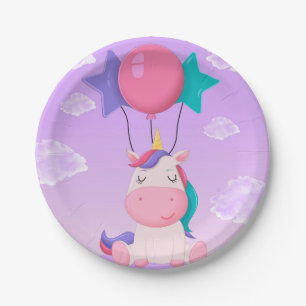 Assiettes En Carton Licorne Assise Mignonne et Ballons Lilas