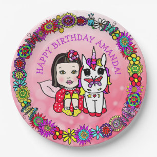 Assiettes En Carton Licorne et fée personnalisées Joyeux Anniversaire