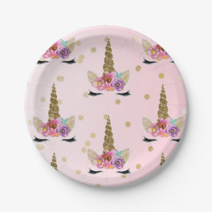 Assiettes En Carton Licorne Fleurie Corne Rose & Or Fête d'Anniversair
