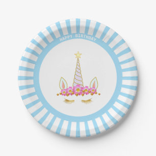 Assiettes En Carton Licorne, Fleurs et Rayons sur Anniversaire Bleu Cl