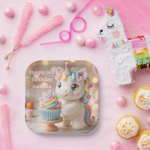 Assiettes En Carton Licorne pastel avec Cupcake arc-en-ciel