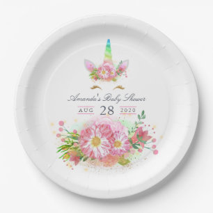 Assiettes En Carton Licorne Rose Arc-en-Ciel Fille Baby Shower
