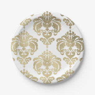 Assiettes En Carton Light Gold & White Damask Vintage Wedding Event